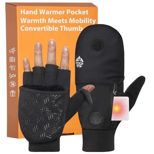 RIGWARL Winter Fingerless Gloves for Men Women, Convertible Mittens with Hand Warmer Pocket, Windproof Running Mittens for Texting Photographing(Black, L)