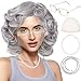 Rrshnsgv 5 Pcs Old Lady Wig and Accessories,Grey Grandma Wigs,Old Lady Wig Costume Set for Halloween Party,Old Woman Cosplay