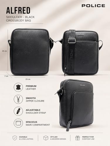Image of Police Premium Grainy Texture Crossbody Bag for Men & Women | 2 Compartment Office Sling Bag | Adjustable Shoulder Strap | Front Utility Pocket | Compact Lightweight Travel Bag | Black