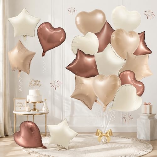 TONIFUL 18 Inch Cream Brown Star and Heart Foil Balloons, 18PCS Beige Brown Apricot Helium Mylar Balloons for Boho Birthday Gender Reveal Boys Girls Baby Shower Wedding Anniversary Party Decoration