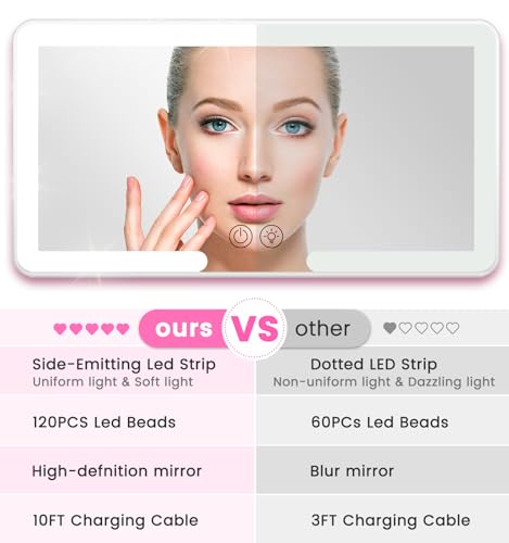 Image of 120 LEDs Car Mirror Vanity, Car Sun Visor with 3 Light Modes&Big LEDs, Rechargeable Makeup Mirror Touch Control, Light Up Mirror Universal for Car, Truck