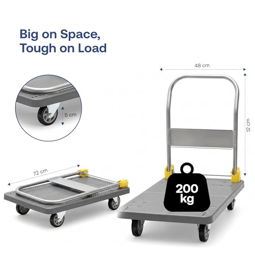 Image of BonKaso 200Kg Heavy-Duty Foldable Platform Trolley | Plastic Material Handling Cart with 360 Rotating Wheels & Non-Slip Base | for Home, Office, Warehouse, Industrial Use (72x48x79cm, Grey)