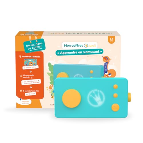 Lunii - Mon Coffret thématique Apprendre en s'amusant - Ma Fabrique à Histoires + 4 Livres Audio au Choix + Un carnet d'activités, dès 3 à 8 Ans - Conteuse fabriquée en France