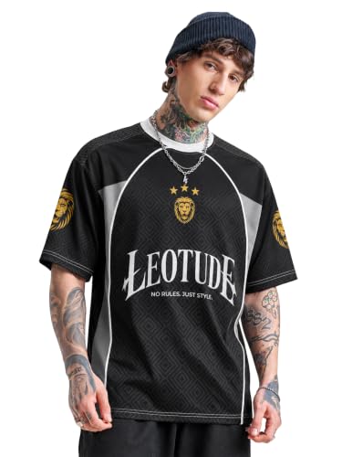 Image of LEOTUDE Men's Oversized Sports Jersey T-Shirt | Premium Streetwear Graphic Tee | Breathable Polyester Casual Athletic Half Sleeve Round Neck Black T-Shirt for Mens (Color : Black)