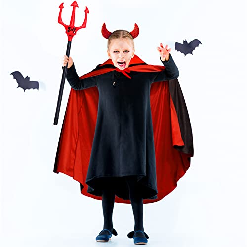 Lzaoa Halloween Devil Vampire Costume Set, Vampire Trident Cape Reversible Red Black Cloak Devil Horns Headband Red Shiny Halloween Headband For Halloween（Children's Sets） #TOP3
