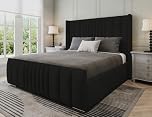 Furnishion Manhattan Super King Bed with Mattress Included, 6ft Luxury Plush Velvet Upholstered Panelled Design, Modern Super King Size Bed with Mattress, Premium Beds & Mattresses Set in Black Plush