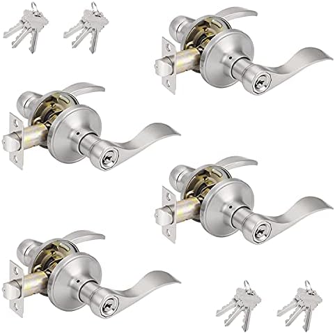 Probrico (4 Pack Wave Style Keyed Alike Entry Levers, Keyed Reversible Door Handles with Lock and Same Keys, Exterior Interior Entry Locks in Satin Nickel Finish