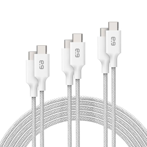 PureGear Braided USB-C to C Cable (3 Pack, 4/6/10 FT) Power Delivery Charger Cord for iPhone Air, 17, 17Pro, 17ProMax,16, 15, MacBook, Galaxy S25/S24/S23/S22 Ultra, Pixel10/9/8 &amp; USB-C Devices(White)