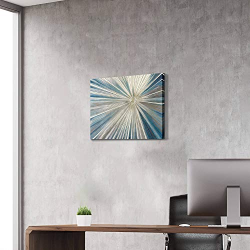 Artistic Path Abstract Painting Artwork Picture Canvas: Gray & Blue Art With Gold Foil Painted Contemporary Rays Wall Art On Canvas (24" W X 18" H,Multi-Sized) #TOP5
