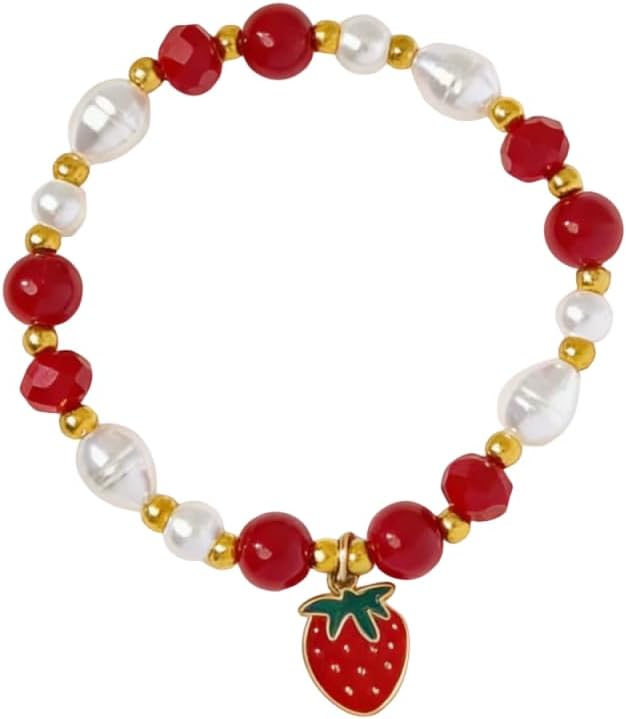 Cute Sweet Cherry Strawberry Crystal Glass Beaded Charm Bracelets Dainty Red Beaded Faux Pearl Cherry Strawberry Fruits Stretch Bracelet for Women Couple Best Friends Jewelry Gifts