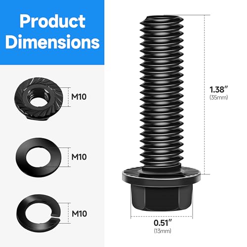 Image of (10Sets) M10 Bolt x 35mm Flanged Hex Head Bolts, External Flange Hex Drive M8 Screws, Class 10.9 Black Zinc Plated Alloy Steel Metric M10x1.5 Bolts Kit