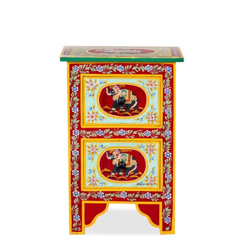 Image of Wooden Bedside Table for Bedroom with Drawer | Solid Wood Handcrafted Bed Side Table with 2 Drawers | Side Table for Living Room | Decorative Chest of Drawer for Home Decor (Multicolour-BS3)