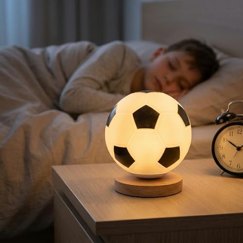 UKCOCO Football Night Light for Boys Bedroom Accessories Kids LED Desk Lamp with Wooden Base Warm Bedside Illumination for for Age 8 12 Year Old Sports Fan