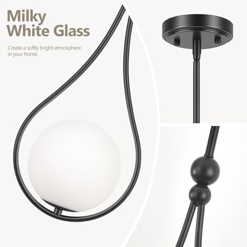 Image of Black Pendant Lights Kitchen Island with Milky White Globe Glass, 2 Pack | Mid Century Adjustable Hanging Pendant Light Fixtures