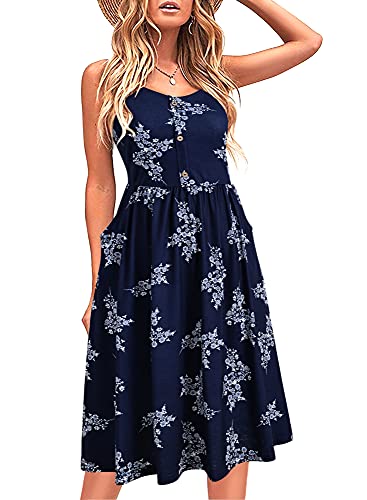 Sureple Sundress for Women Casual Summer with Pockets Cotton Button Down A-Line Beach Spaghetti Strap Dresses (L, SP95-Navy White Floral)