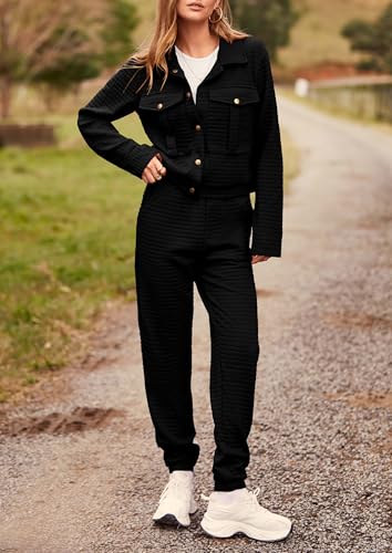 Image of PRETTYGARDEN Womens Two Piece Sets Fall 2026 Long Sleeve Button Down Shacket Jacket Long Sweatpants Tracksuit Winter Clothes