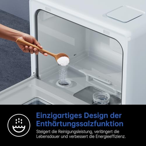 AIRMSEN Tischgeschirrspüler Mini Geschirrspüler mit Weichwasseranlage, 7+2 Programmen & 5L Wassertank, Kompakte Spülmaschine mit/ohne Wasseranschluss, Ideal für Wohnungen Wohnmobil Weiß