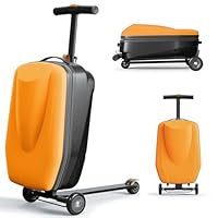 20\" Scooter Suitcase for Kids & Adults, Hardshell Kids Ride On Suitcase for Kid Ages 4-15, Foldable Carry On Luggage with Wheels, Multifunctional Lightweight Travel Luggage for Airplane,Orange