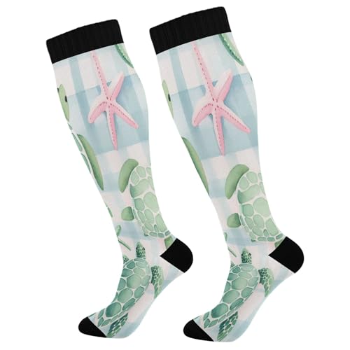 Burbuja Sea Turtles Pink Starfish Compression Socks for Women Men (20-30mmHg), Knee High Socks Circulation Support for Sport Running Hiking Nurse, 1 Pair
