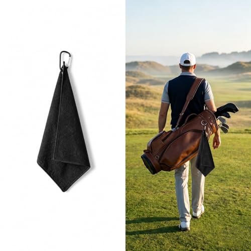 Image of yarqinki 1 Pack Premium Golf Towel with 1Pack Carabiner, 25x25cm Microfiber Towels, Black, 500-700 gsm, Machine Washable for Golf, Sports, Gym