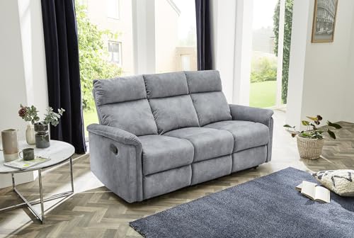 Dreisitzer-Sofa mit hochwertiger Federkernpolsterung B180/T90/H100 cm, verstellbare 3er Couch durch praktische halbautomatische Relaxfunktion, Bezug Velours Vintage Grau / 15128 – Bild 3