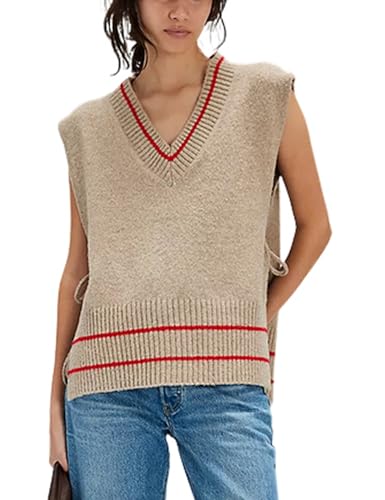 Image of UANEO Women's V Neck Sweater Vest All Star Stripe Poncho Sleeveless Pullover Tank Tops(Khaki-S)