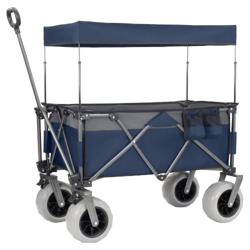 Carretilla plegable multiusos con mango flexible y toldo, cart utility de alta capacidad con ruedas de 9"x4" para camping y playa, transporte, compras y deportes, capacidad 480 lbs y 120 L, color azul miniatura 1