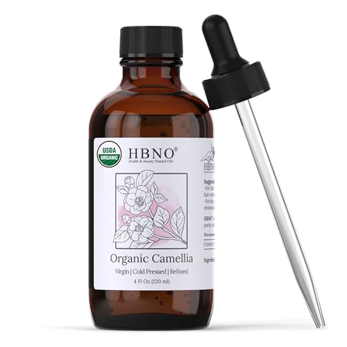 HBNO Organic Camellia Oil - Huge 4 oz (120ml) Value Size - USDA Certified Organic Camellia Oil Cold Pressed Carrier Oil for Face Body Lips Nails Shampoo & Conditioner