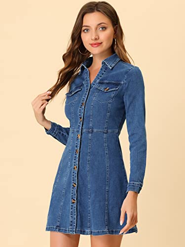 Allegra K Women's Denim Dress Button Down Collar V Neck Long Sleeve A-line Cotton Jean Dress4