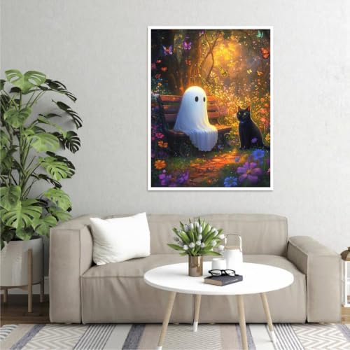 Image of Clendo Halloween Paint by Numbers Kit for Adults - Ghost and Cat Adult Paint by Number Kits on Canvas for Beginner, Oil Painting by Numbers Kit for Gift Home Wall Decor Without Frame 16x20 Inch