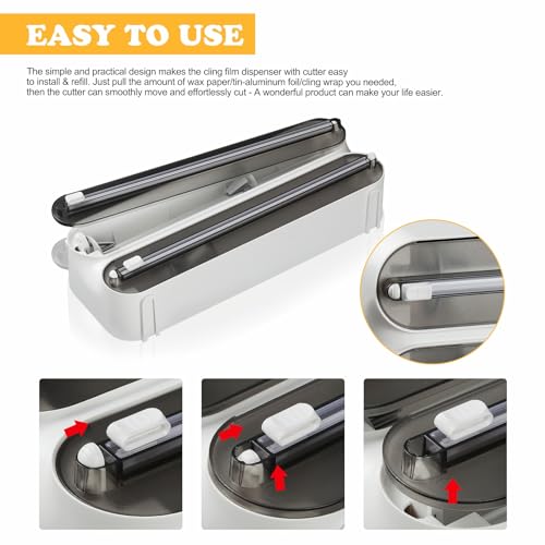 Quasziwa Magnetic Cling Film Dispenser and Cutter - Advanced 3-in-1 Wall-Mounted Kitchen Roll Holder, Refillable Plastic Wrap & Tin Foil Dispenser with Paper Towel Holder - Fits 12" Roll, Black - Image 3