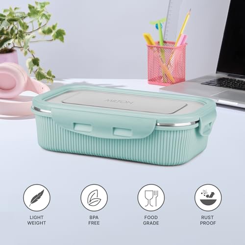 Image of MILTON Cool Touch Rectangular 400 Stainless Steel Container, 380 ml, Pastel Turquoise, Microwave Safe, Food Grade, BPA Free, Refrigerator Safe