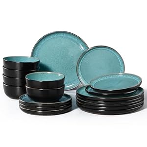 HaWare Geschirrset 6 Personen, 18-tlg Steingut Geschirr Teller Set Reaktive Glasur Tafelservice Set mit Speiseteller Dessertteller und Müslischüsseln, Mikrowellen- und Spülmaschinenfest, Türkis
