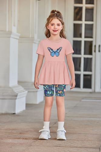 Image of Arshiner Girls Summer Outfits Short Sleeve Ruffle Hem Top and Biker Shorts Set Girl Clothes 4-15 Years