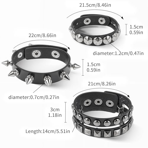 3 Pcs Studded Black Spiked Emo Punk Gothic Spike Leather Cuff Set Adjustable Wristband Bangle Punk Rock Bracelet For Men Women 80s Jewelry Party Night Club2