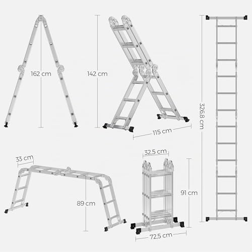SONGMICS Leiter, Mehrzweckleiter, Trittleiter, Aluleiter, Haushaltsleiter, 4 x 3 Stufen, bis 150 kg, 12 Stufen, in 6 Positionen, 326 cm lang, silbern GLT36M
