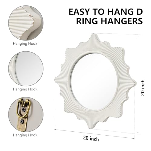 20" Boho Circle Wall Mirror White Wooden Framed Sun Mirror Round Bathroom Mirror Decorative Hanging Vanity Mirror with Tassels Nursery Mirrors for Girl Living Room Bedroom Entryway - Image 3