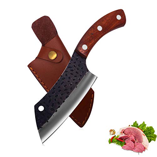 Hand Forged Boning Knife?Meat Cleaver Knife?Sheath Butcher Knives with Sheath and Gift Box?Hammered Chopper Boning Knife, Kitchen Chef Knifes for Home, Camping, BBQ,Tactical