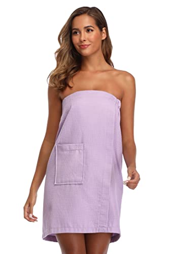 Image of Women's Bath Towel Wrap Waffle Spa Body Wrap with Adjustable Closure Quick Dry Lightweight Towel Robes with Pocket, Light Purple L /XL