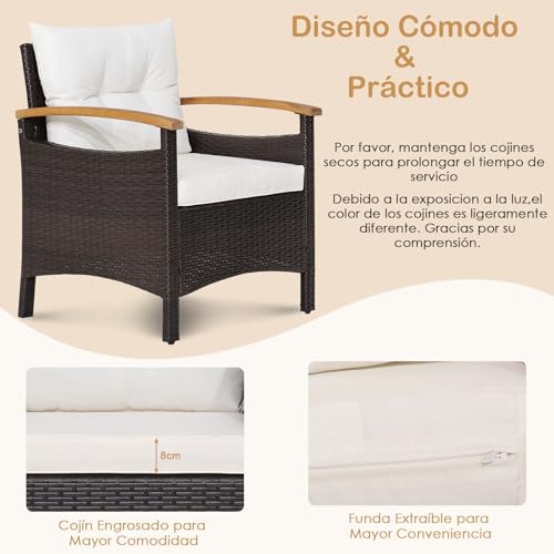 GIANTEX Juego de Muebles de Jardín de Ratán para 2 Personas, Conjunto de Muebles 3 Piezas con Cojines, 2 Sillones y 1 Mesa de Café, Conjunto de Conversación para Patio, Balcón (3 Piezas, Blanco) - imagen 6