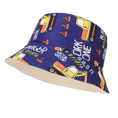 Image of QKURT Kids Sun Hat, Summer Sun Protection Bucket Hat Reversible Beach Cap Fishing Hats, Fisherman Hats with Excavator Design for Outdoor Play for Boys 3-8 Years Old
