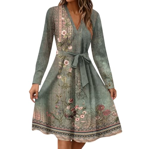 Womens Long Sleeve A Line Midi Dresses,Trendy Casual V Neck Smocked Flowy Elegant Formal Floral Knee Length Dress