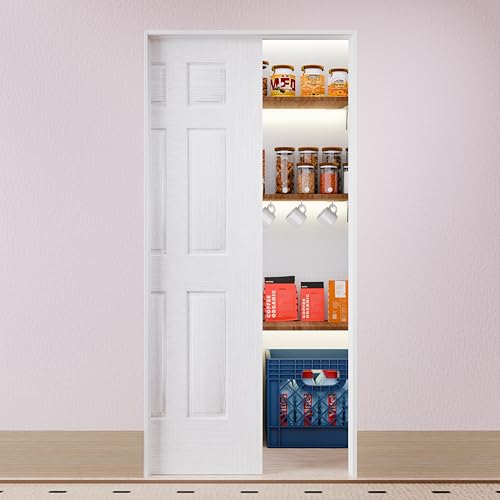 Image of 30 inch x 80 inch Sliding Pocket Interior Door, 6-Panel Hollow Core Pantry Door with Frame and Hardware Kit, Lightweight Closet Door, Waterproof PVC Surface, Easy to Install