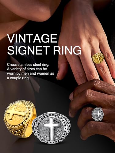 Cross Ring for Men Stainless Steel Celtic Knot Ring, 18K Gold/Black Metal, Retro Religious Chrisitan Cross Ring Norse Viking Battle Axe Cross Ring, Size 7-13, with Gift Box4