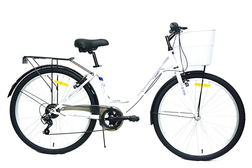 DEPORBIKES®️ Bicicleta Paseo Mujer 26 Pulgadas | Bicicleta con 7 velocidades + Cesta + Portaequipajes | Elegante y Cómoda para Mujer (Blanca)