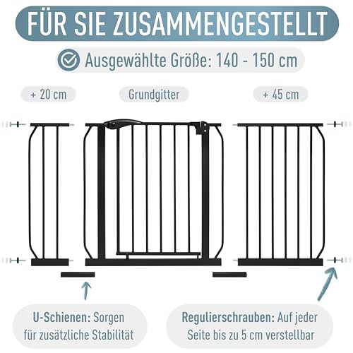 ib style Treppenschutzgitter Berrin - Türschutzgitter für Babys, Ohne Bohren, Gittertür, Tuergitter für Kinder, Schwarz, Breite: 140-150 cm