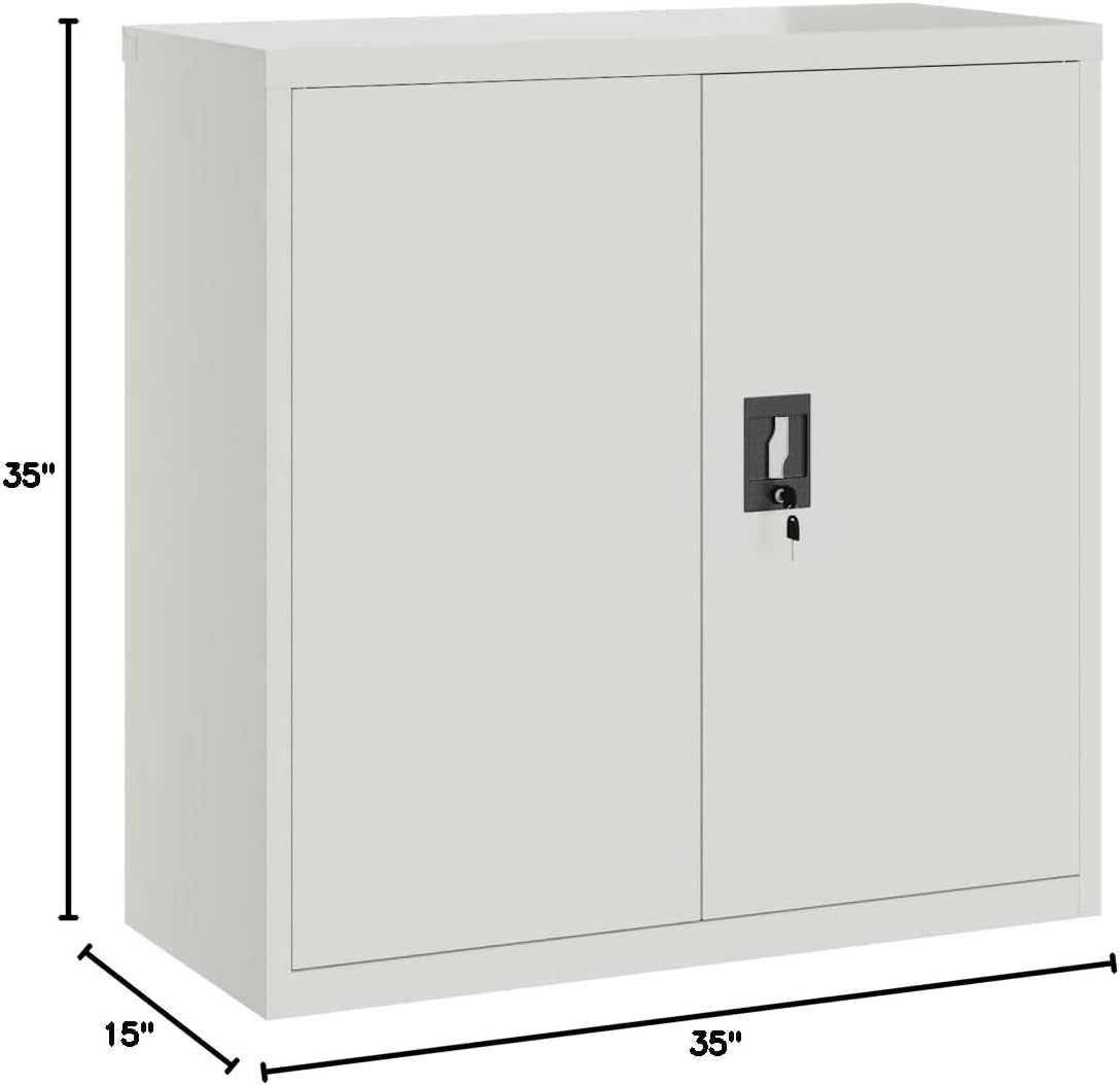Steel File Cabinet with 2 Doors 35.4 Inch Gray Office Storage Cabinet with Adjustable Shelves, Three-Point Locking System for Home Office, Garage, or Pantry Organization