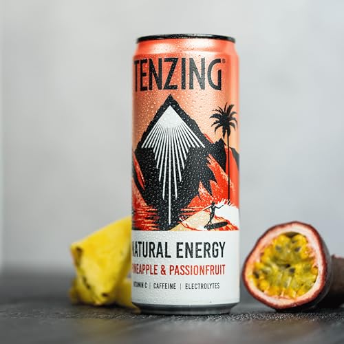 TENZING Natural Energy Drink, Plant Based, Vegan, & Gluten Free Drink, Pineapple & Passionfruit, 330ml (Pack of 12) - Packaging may vary