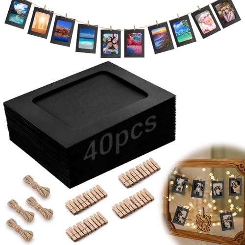 Mbsomnus 40 peças molduras para fotos natalícias 10 x 15 cm pendurar fotos preto pendurar fotos com pinças com 40 peças pinça de madeira e 4 peças corda de juta para decoração de parede aniversário