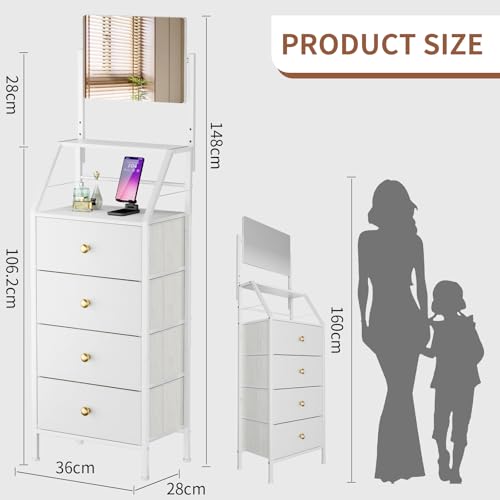 OYRREU Chest of Drawers with Mirror and 4 Fabric Drawers, Wood Top, 2-in-1 Tall Chest of Drawers for Clothes, Dresser for Bedroom, Hallway, Livingroom (White)